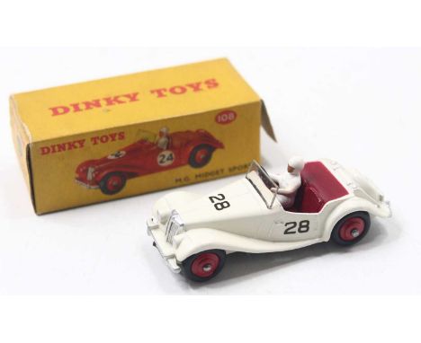 Dinky Toys 108 MG Midget, white body with red wheels, Racing No.28 with driver, in the original box. marks present with tear 