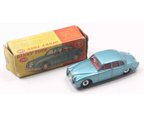 Dinky Toys No. 146, 2.5 Litre V8 Daimler, a metallic blue model with red interior, spun hubs, housed in a heavily worn card b