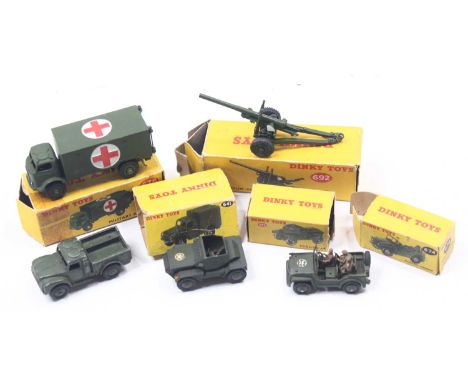 Dinky Toys group of 5 Military Diecast to include; No.626 Military Ambulance, No.673 Scout Car, No.692 5.5 Medium Gun, No.641
