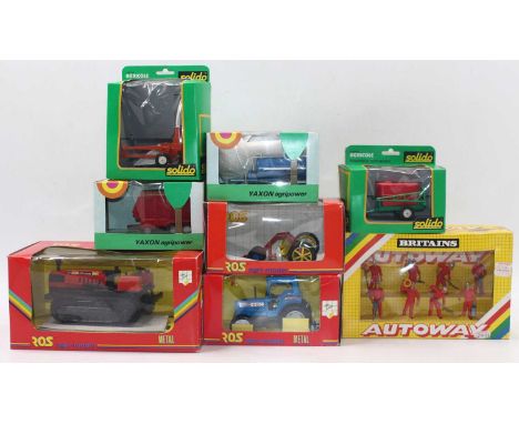 A quantity of Ros, Solido and Britains 1/32 scale model tractors and farm attachments, to include Britains auto ways No. 9800