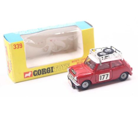 Corgi Toys No. 339 Mini Cooper S Monte Carlo Winner, red body with white roof, racing number 177, 2 spare wheels in roof rack