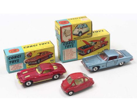 Corgi Toys group of 3 worn Diecasts to include; No.241 Ghia L.64 in blue with red interior, No.310 Chevrolet Corvette Sting r