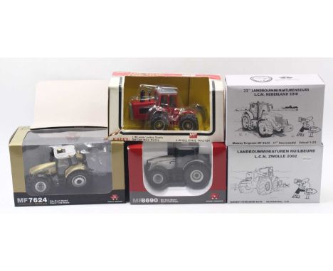 Five diecast tractors including a 1:32 scale Massey Ferguson MF8690, with some marks on the bonnet, finished in white, an agr