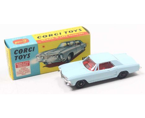 Corgi Toys No. 245 Buick Riviera comprising of light blue body with wirework hubs and red interior, grey plastic tow hook, ho