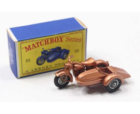 Matchbox Lesney No. 66 Harley Davidson Motorcycle and Sidecar in metallic copper with wire wheels, housed in its original "D"