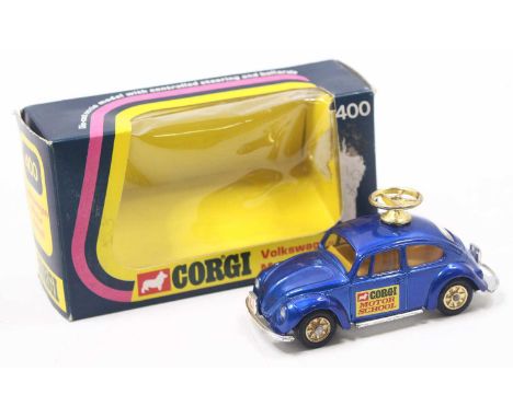 Corgi Toys No. 400 Volkswagen 1200 "Motor School" Car comprising blue body, yellow interior, gold cast hubs and roof steering