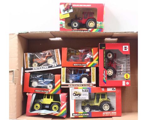 Eight various boxed mixed issue Britains 1/32 scale farming diecast tractors, to include a No. 9528 Fiat 880 DT tractor, a Vo