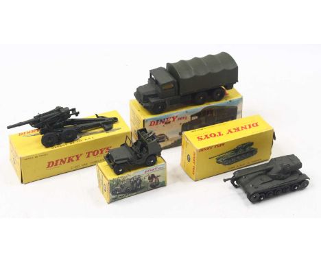 Dinky Toys French group of 4 to include; No.824 Camion Berliet Gazelle, No.819 155mm A.B.S Field gun, No.828 Jeep Rocket Carr