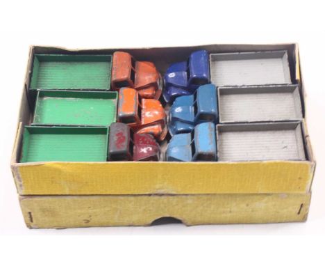 Dinky Toys 30M original Trade box containing 6 Tipping Wagons,3 in different blue variations, 1 in orange, 1 in bronze and an