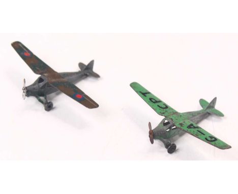 Dinky Toys group of 2 loose pre-war leopard Moths, first one in green body with lettering G-A CPT lettering and second in mil