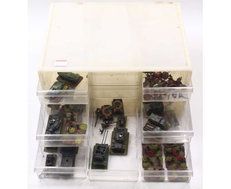 A collector's chest containing a quantity of 28mm and 15mm scale war gaming miniatures to include WWII interest, a quantity o