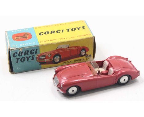Corgi Toys, 302, MGA Sports Car, red body with silver detailed grille, cream seats with plastic windshield, smooth spun hubs,