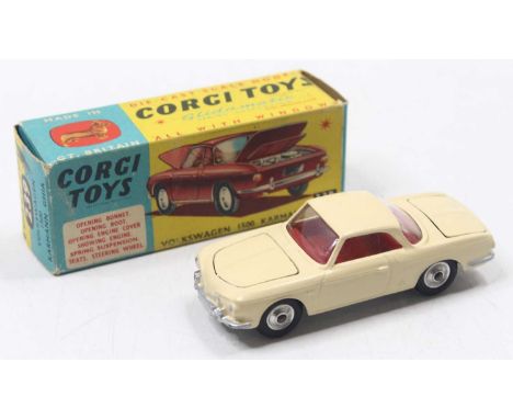 Corgi Toys No. 239 Volkswagen 1500 Karmann Ghia, comprising of cream body with red interior and spun hubs, in the original bl