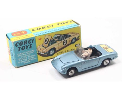 Corgi Toys No. 318 Lotus Elan S2, in metallic blue (Slightly Lighter Shade) with black interior, with "I've got a Tiger in my
