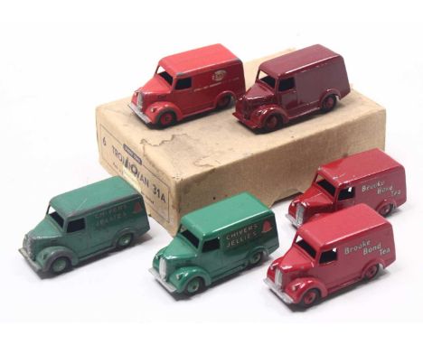 Dinky Toys 31a original Trade box containing 4 red bodied with matching hubs "Esso" and 2 green with matching hubs Chivers Je