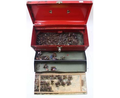 A toolbox containing a quantity of 28mm scale mixed war period war gaming miniatures to include Spanish interest, Napoleonic,