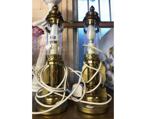 A pair of modern reproduction Great Eastern Railway table lamps of candle sconce form with glass shades - each marked with a 