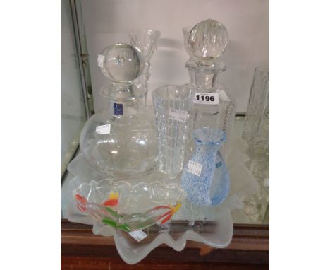 A quantity of assorted glass items including Dartington crystal decanter, cut crystal spirit decanter, small Caithness intern