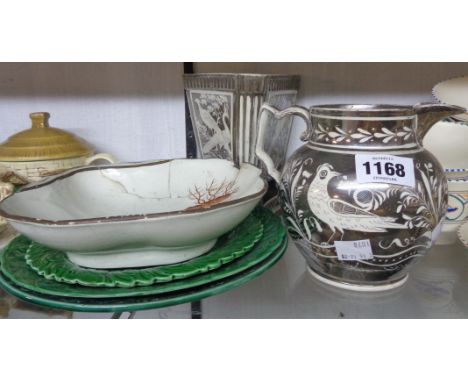 A small selection of ceramic items including 19th Century silver lustre relief jug with bird decoration, a similar cachepot, 