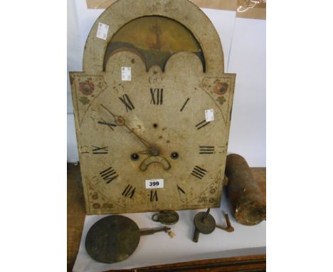 A 19th Century longcase clock movement, the 30cm painted arch dial with moon phase and date aperture, a single weight and pen