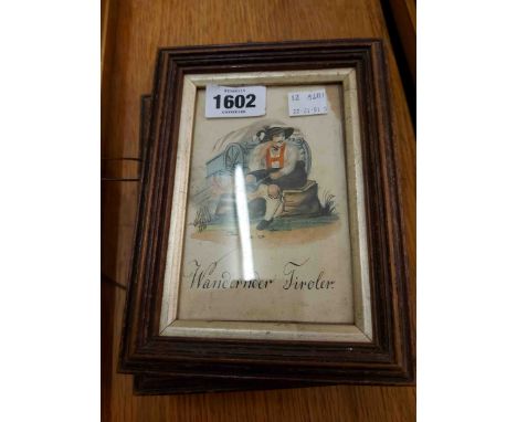 A pair of small framed 19th Century watercolours, both depicting Tirolean figures - sold with a framed antique portrait minia