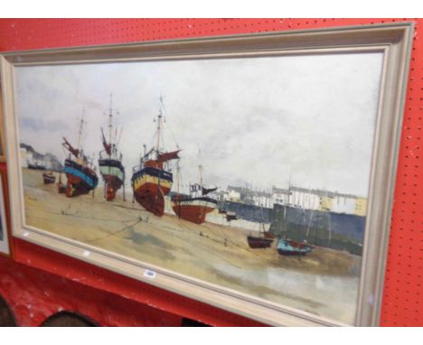 A framed vintage large oil on board, depicting a Cornish harbour scene with vessels and buildings - indistinctly signed