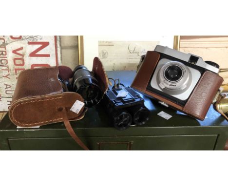 A vintage Certo camera in original leather case, a pair of Derby 4x40 field glasses in original pressed card case and a pair 
