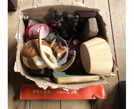 A box containing a quantity of assorted collectable items including plaster figurine, boxed vintage Pyrex rolling pin, etc.