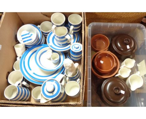 A box containing a quantity of TG Green Cornishware and other blue banded ceramic items including Judith Onions coffee pot, s