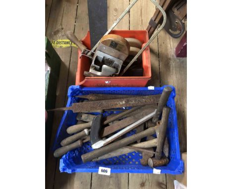 Two crates containing a quantity of assorted hand tools including files, rasps, vintage hole punch, etc.