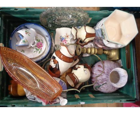 A crate containing a quantity of assorted ceramic, glass and other collectable items, including Sowerby pressed glass boat fo