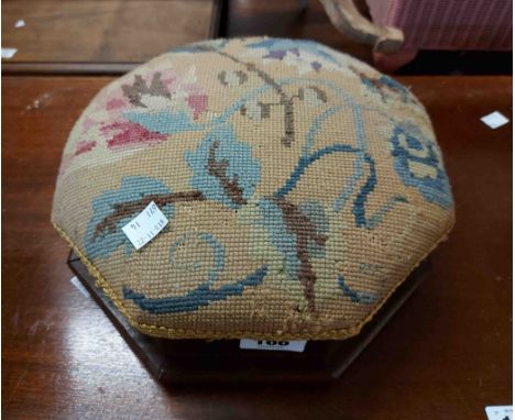 A Victorian stained mixed wood foot stool of octagonal form with Tunbridge style stringing and tapestry top, set on squat bun