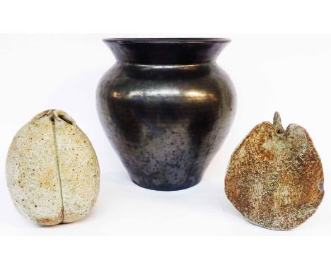 Alan Wallwork: two small stoneware studio pottery vases of abstract form with stone effect smear glaze (one a/f) - sold with 