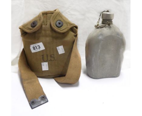 A WWII period vintage US Army water bottle in canvas carry case with strap - marked US and Collette Mfg. Co. 1943