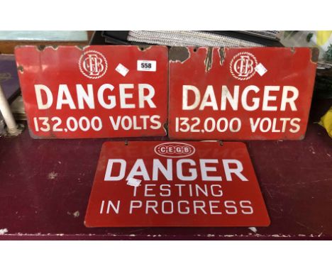Three old enamel Central Electricity Board and Generating Board warning signs - two Danger 132,000 volts and one Danger Testi