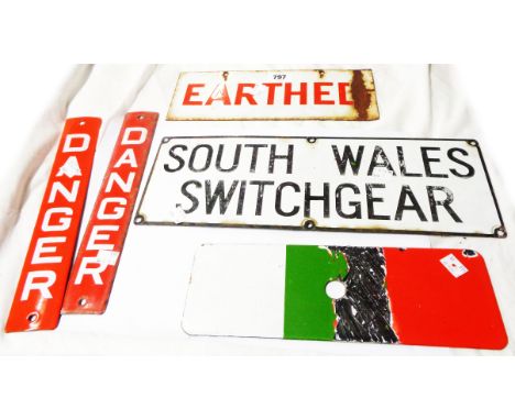 Five old enamel electricity warning signs comprising two red and white danger signs, a black on white South Wales Switchgear 