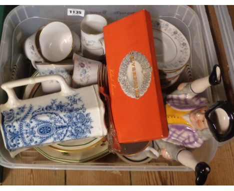 A crate containing a quantity of assorted ceramic items including Noritake part tea set, Royal Doulton Pekin pattern plates, 