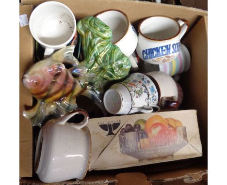 A box containing a quantity of assorted ceramic and glass items including Japanese lustre decorated fish figurine, etc.