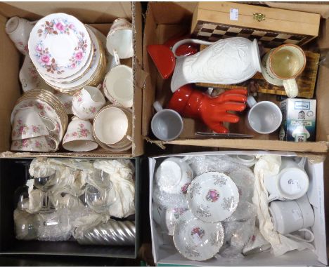 Three boxes containing a quantity of assorted ceramic and other collectable items including part tea sets, chess set, etc.