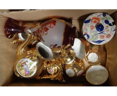 A box containing a quantity of ceramic and glass items comprising German gold lustre coffee set, ruby glass vase and Keeling 