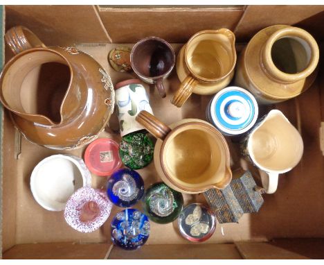 A box containing a quantity of assorted ceramic and glass items including Doulton Lambeth harvest ware jug, Cornishware chees