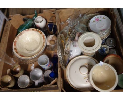 Two boxes containing a quantity of ceramic, glass and other collectable items including Briglin Pottery mugs, Blue Mountain e