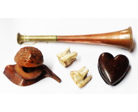 A quantity of assorted collectable items comprising Black Forest carved walnut shell form inkwell, antique treen heart shaped