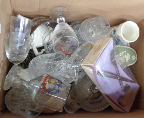 A box containing a quantity of assorted ceramic, glass and collectable items including Wedgwood Jasperware, cut glass powder 