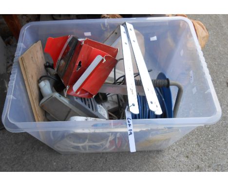 A crate containing a quantity of assorted tools including Performance Power electric planer, vintage blow lamp, assorted fitt