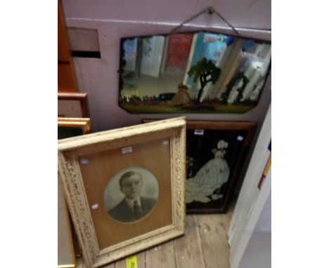 A vintage oak framed decorative foiled image of a crinoline lady - sold with a framed photographic portrait and a damaged mir