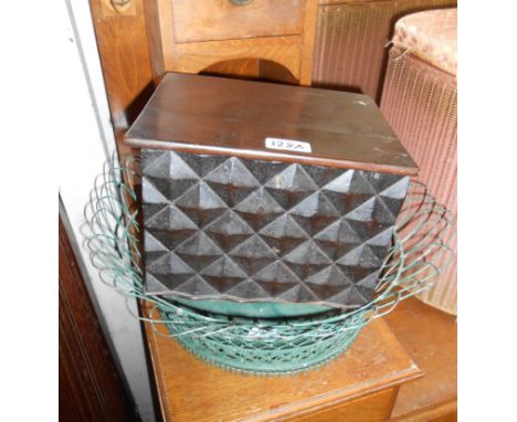 A small lift-top box with carved hobnail design to front - sold with a wirework planter with green painted finish