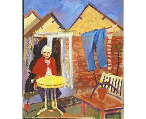 Derek Inwood (1925-2012). oil on card, "Garden with Yellow Table" (Gillian & Millie), signed, titled verso, unframed,