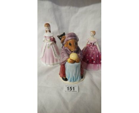 A Royal Worcester figure, Modesty, a  Royal Doulton Fortune Teller Bunnikins and a Coalport figure, Kimberley.