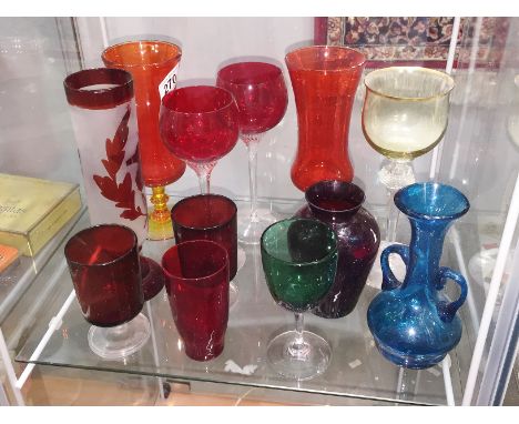 12 items of coloured glass including ruby.